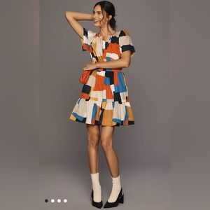 Anthropologie Colorblock Mini Dress - Orange, Blue, Cream